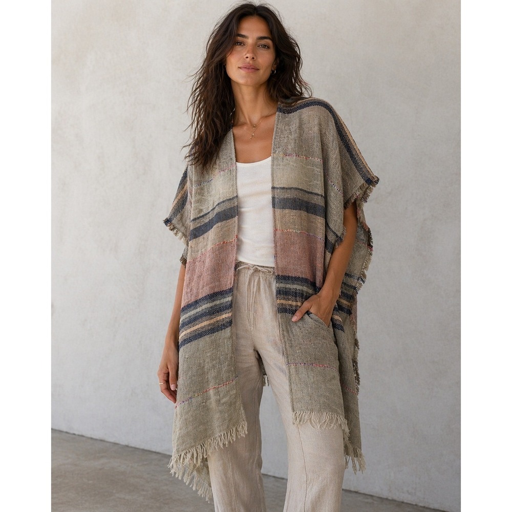 Do Everything In Love Poncho Women One Size Beige Striped Fringe Boho Wrap Shawl